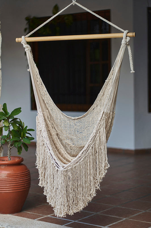 NNEDSZ Fringed Cotton Rope Mexican Hammock Swing from Mexico in Ivory